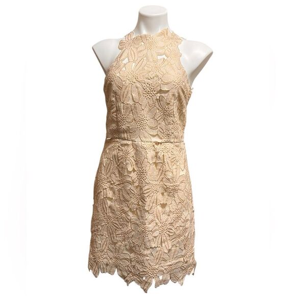 SaylorJessa Flower Appliqué Rose Gold Lace Mini Dress Size Large - Picture 3 of 13